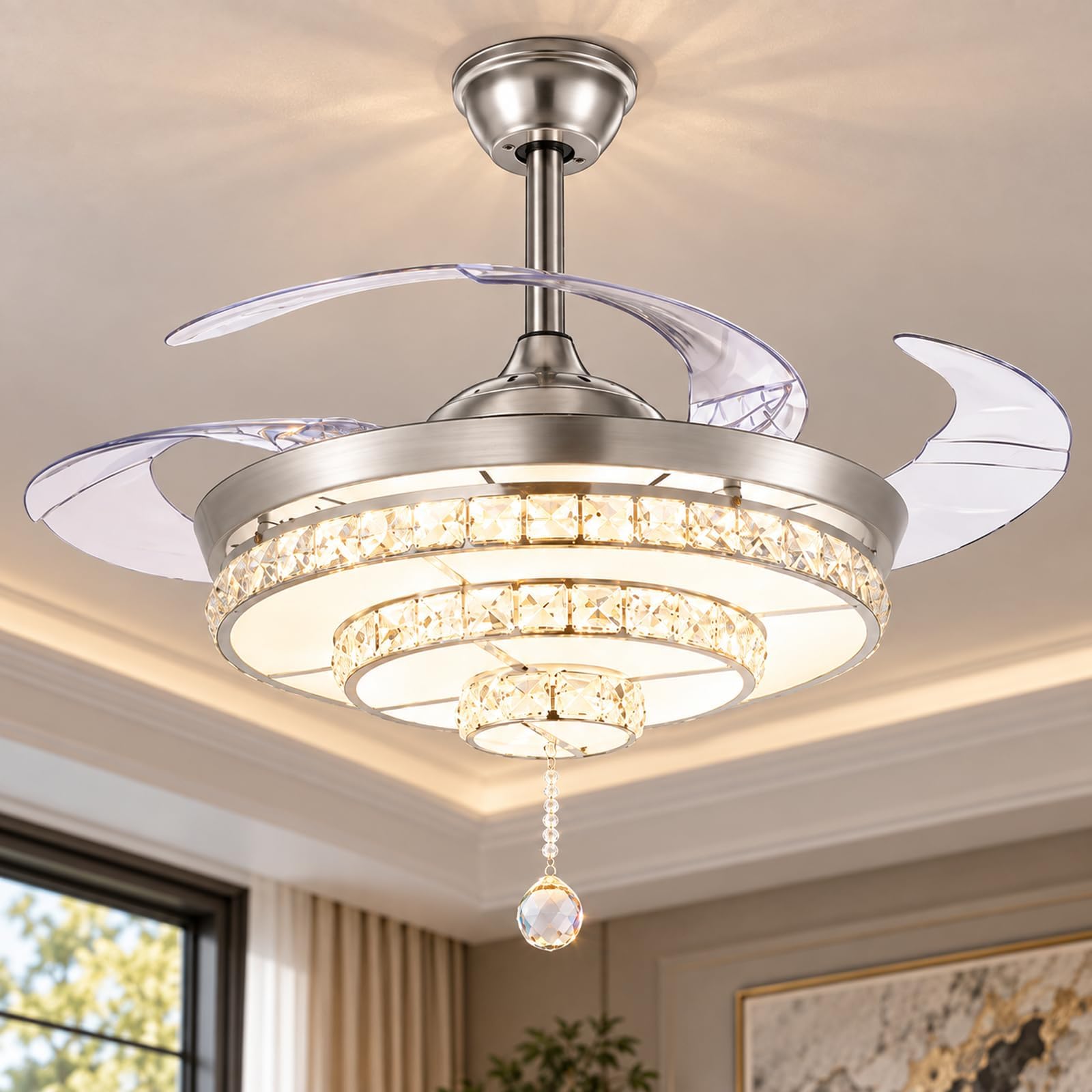 42" Crystal Ceiling Fan with Light Retractable Blades Chrome Modern LED Chandelier Remote 3 Color Changes 3 Speeds Silent Ceiling Fans Lighting Fixture, LED Kits Included