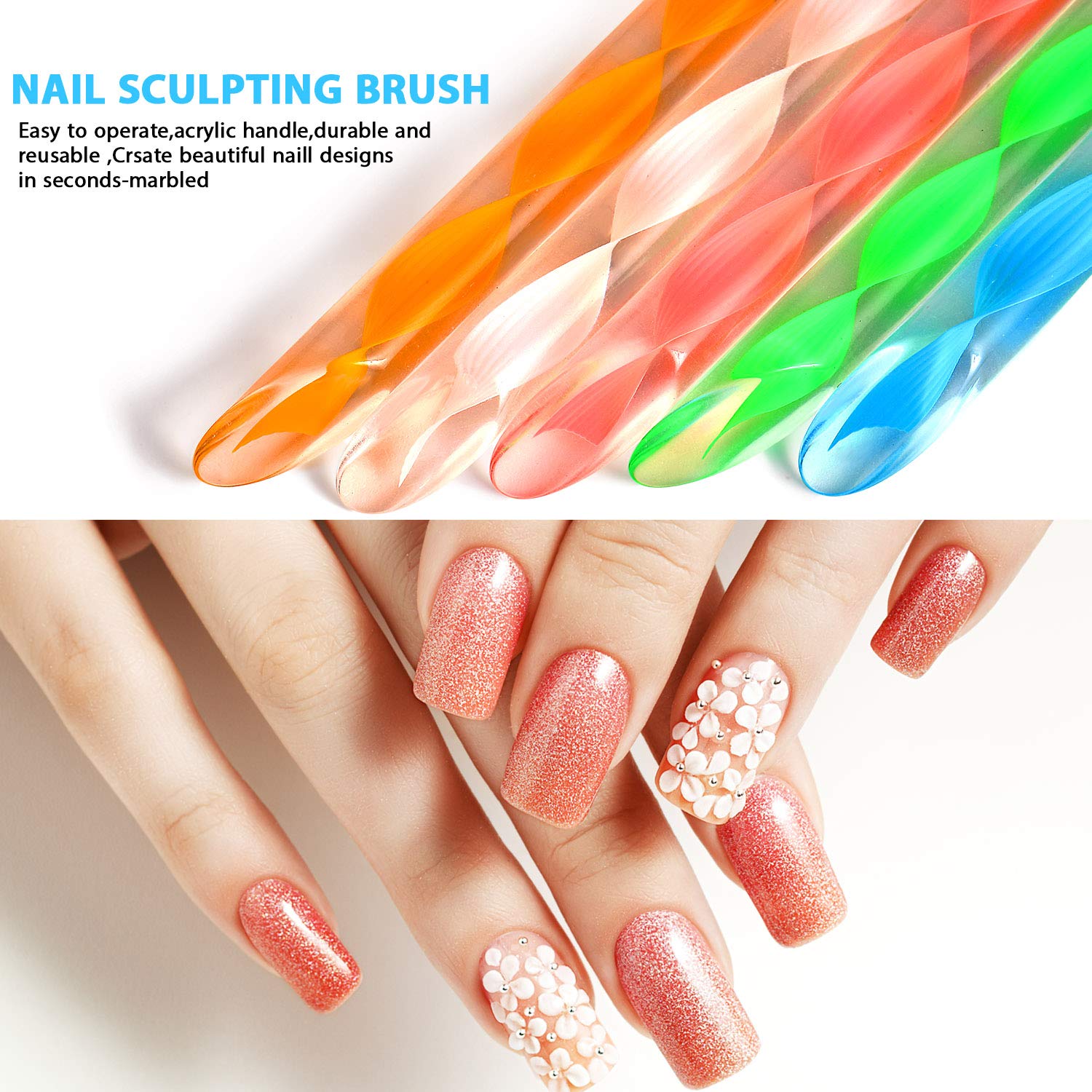 7 Pieces Art Manicure Care Tools Including 2 Nail Art Clear Glass Bowl Dappen Dishes Cup with Lid and 5 Acrylic Design 3D Painting Drawing UV Gel DIY Brush/Pen Set for Christmas Halloween Presents
