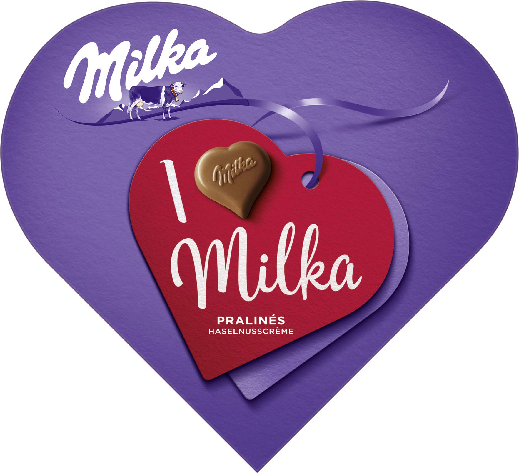 Milka I love Milka Pralinen – Herzförmige Alpenmilch-Schokolade mit feiner Haselnuss-Nougat-Crème-Füllung – 12 x 44g (Packung mit 5)