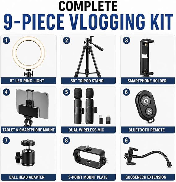 Acuvar Vlogging Kit with Ring Light Tripod Content Creator Kit for iPhone, Android & Tablets, Microphone, Remote, YouTube & TikTok Starter Kit for Influencers