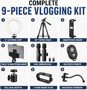Acuvar Vlogging Kit with Ring Light Tripod Content Creator Kit for iPhone, Android & Tablets, Microphone, Remote, YouTube & TikTok Starter Kit for Influencers