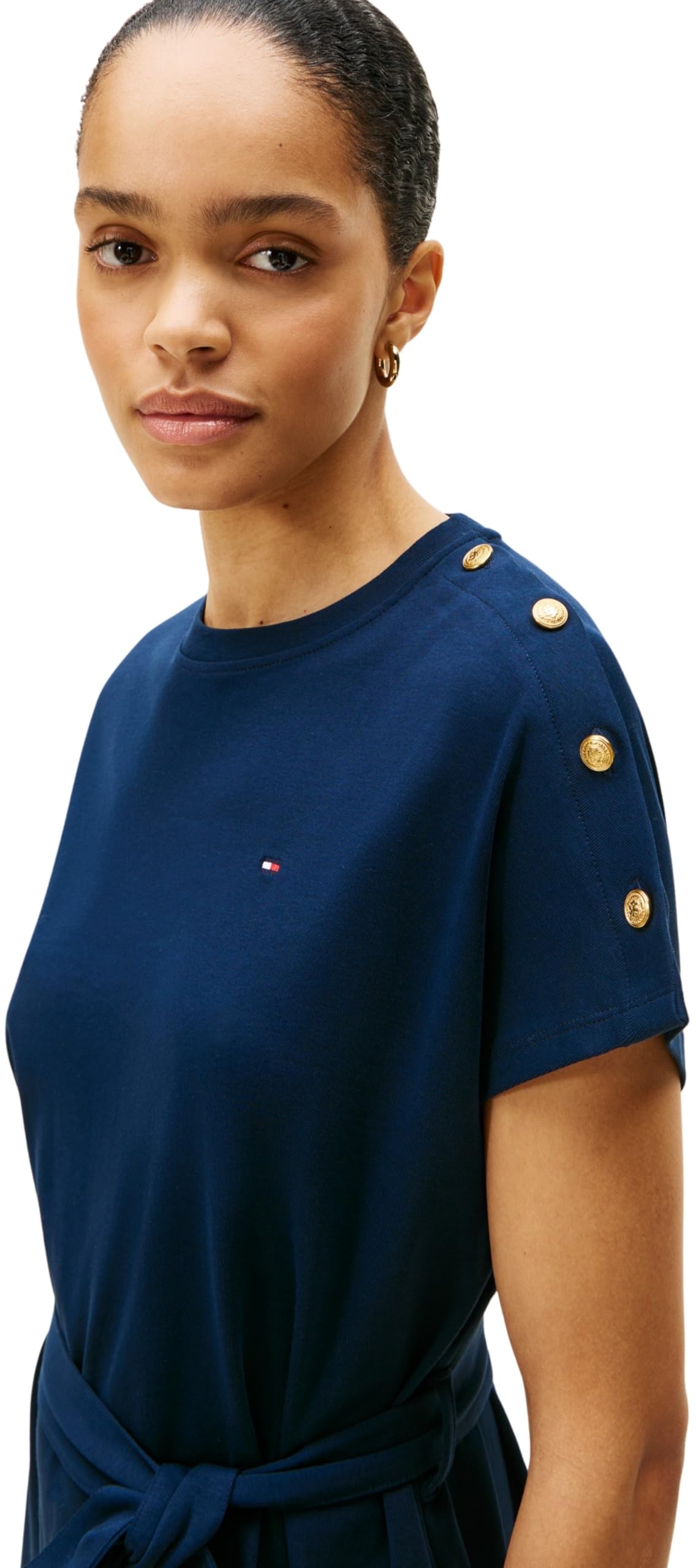 Tommy Hilfiger Damska sukienka ze złotym guzikiem Jersey F&F WW0WW49239 rozkloszowana sukienka, niebieska, XXS, Niebieski (Dark Night Navy), XXS