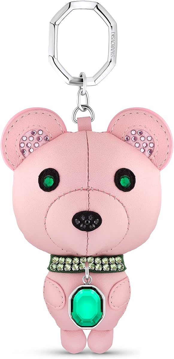 SWAROVSKI Icons Stainless Steel 3D Key Ring, Kris Bear Character with Pink Leather and Bright Green Crystals, Part of The Swarovski Icons Collection