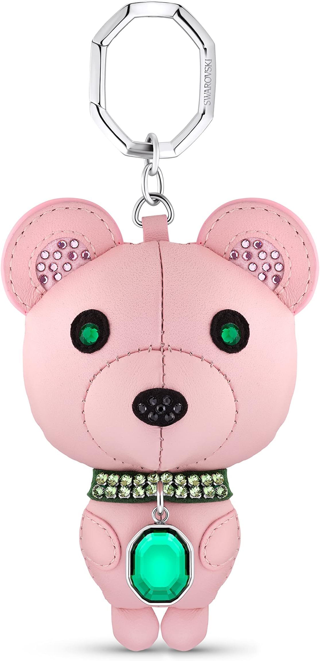 SWAROVSKI Icons Stainless Steel 3D Key Ring, Kris Bear Character with Pink Leather and Bright Green Crystals, Part of The Swarovski Icons Collection