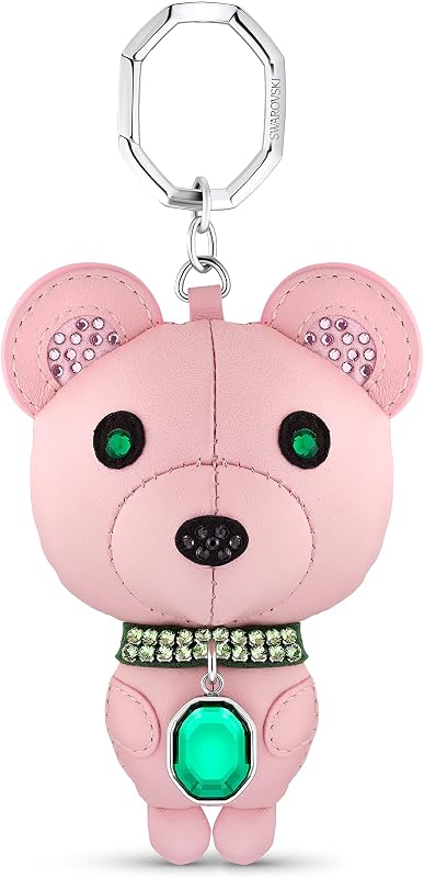 SWAROVSKI Icons Stainless Steel 3D Key Ring, Kris Bear Character with Pink Leather and Bright Green Crystals, Part of The Swarovski Icons Collection