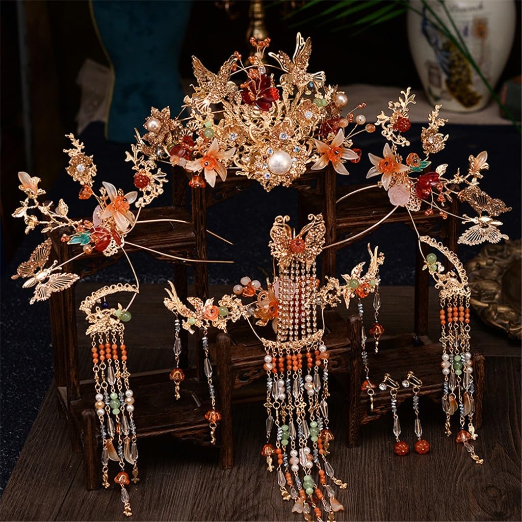 Bride Chinese Wedding Headwear Vintage Phoenix Crown Step Fringe Hair Accessories Xiuhe Dress