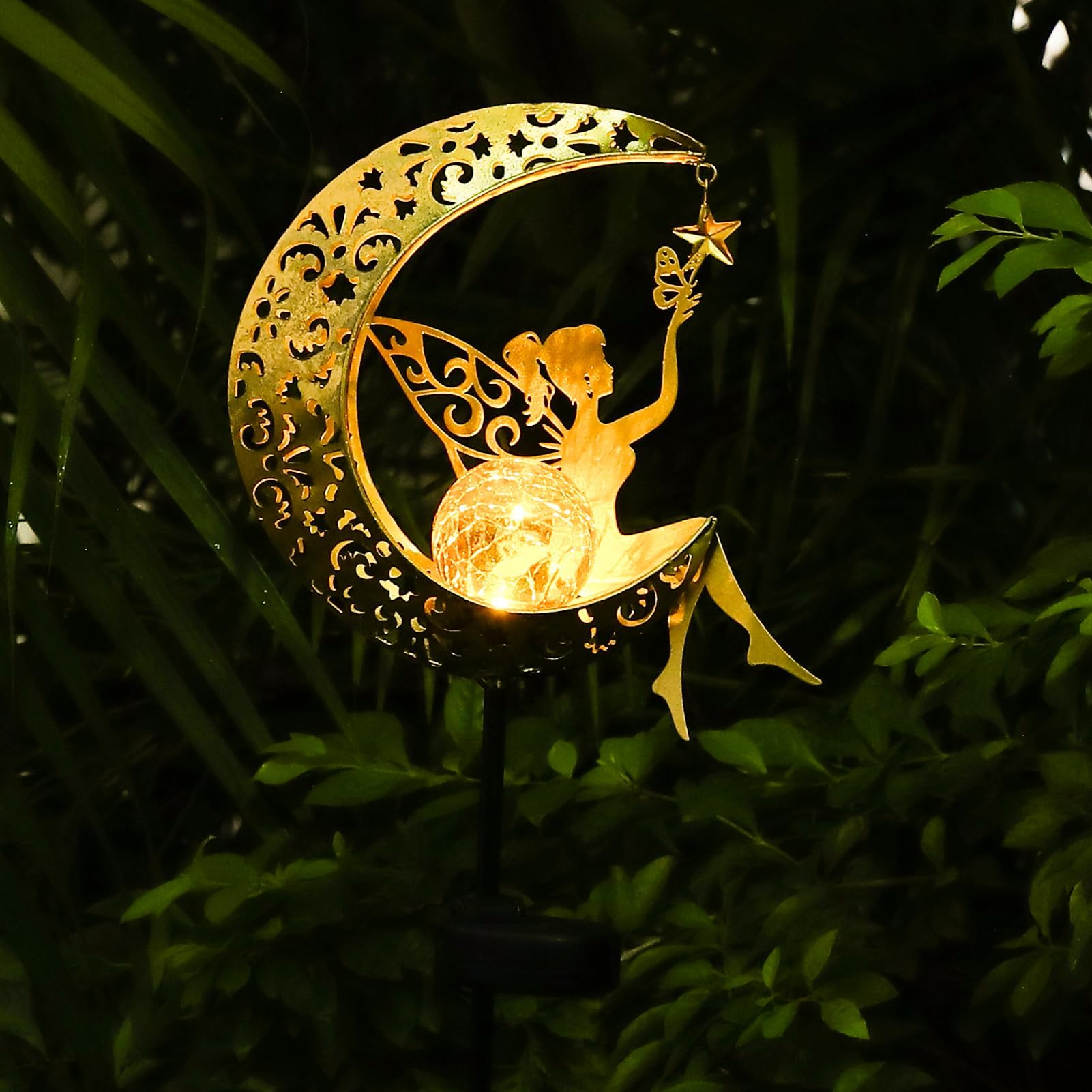 Solar Lights Garden Decorations,Moon Fairy Light,Solar Crackle Glass Globe,Warm LED Light for Pathway Lawn Patio Courtyard Gifts for Mom Grandma Women