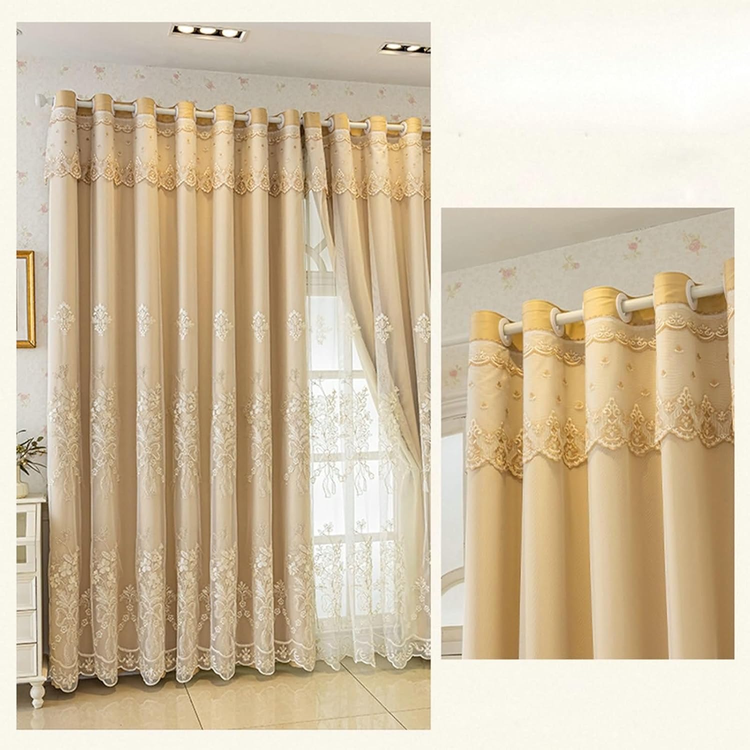 Curtains Blackout 2 Panels Set,2 x 42W x 63H inch,Beige Yellow Curtains for Room Double Layer with Flower Embroidery Window Drapes Eyelets