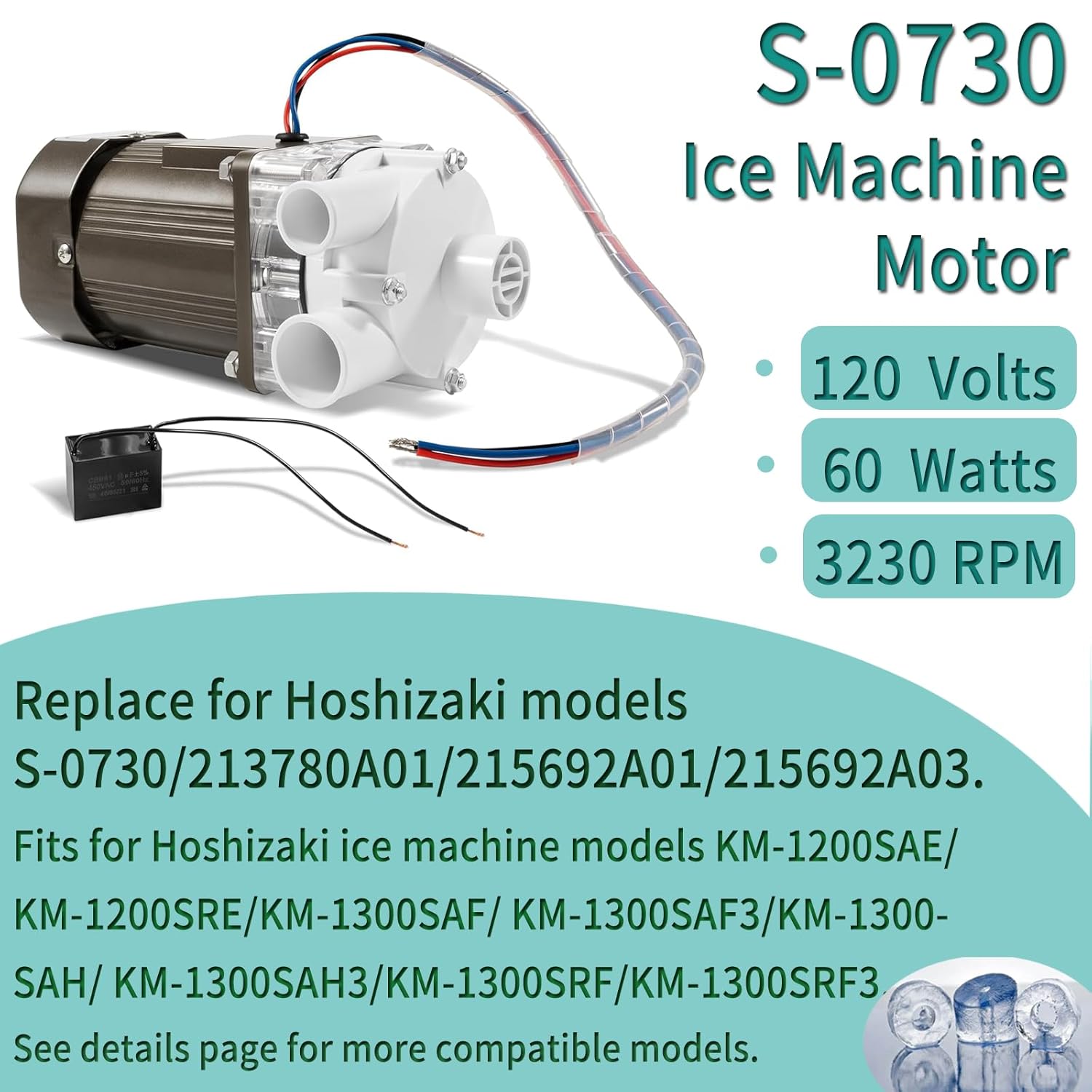S-0730 Pre-Assembled Ice Machine Motor Fits for Hoshizaki KM Series ice Makers,S-0730, 213780A01, 215692A01, 215692A03,120 Volts, 60 Watts, 3230 RPM