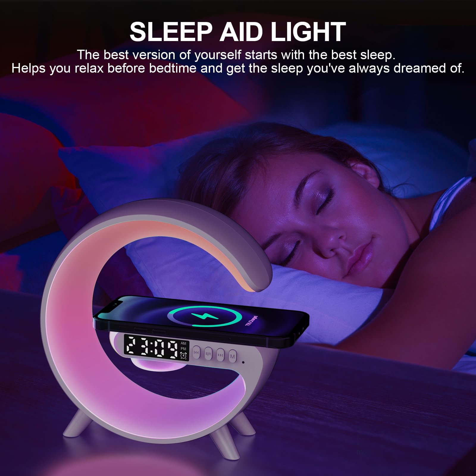 Tageslichtwecker, Lichtwecker Sonnenaufgang Wecker mit Licht, Wake up Light, Wireless Charger Led Wecker Smart Tischlampe mit Bluetooth-Lautsprecher 13 Modi Lichter für Erwachsene Kinder Schlafzimmer