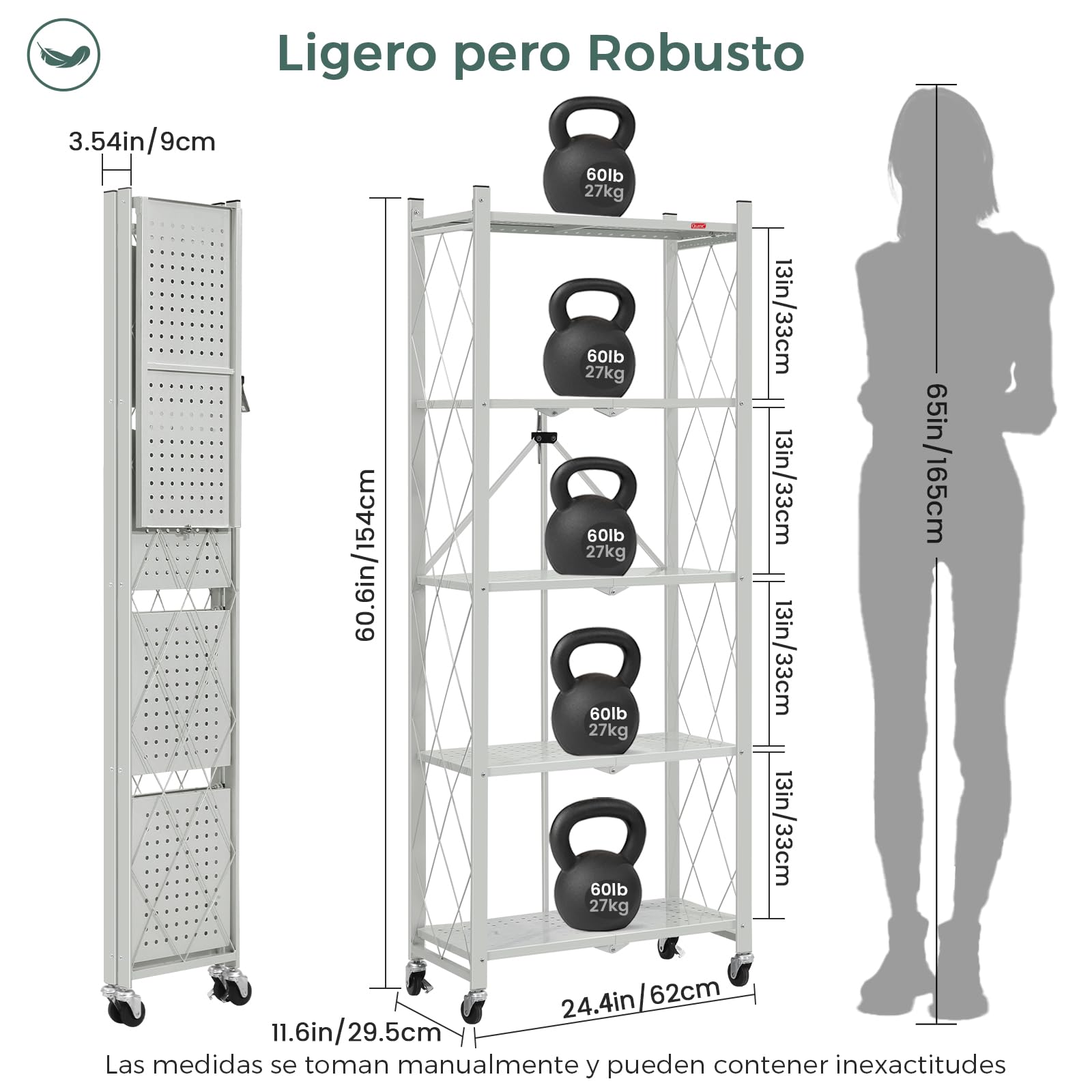 DEANIC Estantes de Almacenamiento Plegables, 5 Niveles de Metal para Almacenamiento, 61 x 147 x 28 cm, estantes esquineros de Cocina con Ruedas, estantes de despensa, estantería para Sala de Estar,