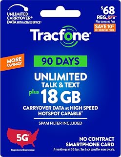 Tracfone $68 Unlimited Talk & Text, 18 GB of Data / 90 Days (Physical Card)
