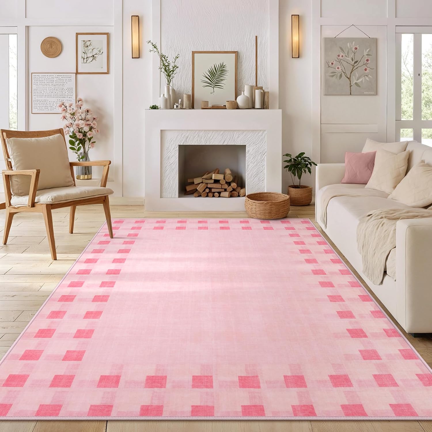 Lahome Machine Washable Checkered Rugs, Bedroom Rug 8x10 Under Bed Ultra-Thin Soft Playroom Rug, Non Slip Large Area Rugs for Girls Bedroom No Shedding Carpet for Dining Room(8'x10',Pink)