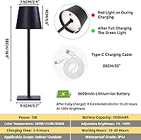 Vista 6 de Lámpara de mesa recargable inalámbrica para interiores y exteriores, con control táctil LED regulable, lámpara de mesa inalámbrica USB C, funciona