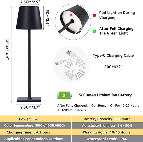 Miniatura 6 de Lámpara de mesa recargable inalámbrica para interiores y exteriores, con control táctil LED regulable, lámpara de mesa inalámbrica USB C, funciona