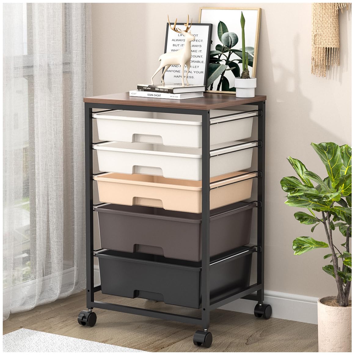 Utility Cart with 5 Drawers,Storage Drawer Cart with Wooden Tabletop and Lockable Wheels,Craft Storage Trolley Cart,5-Tier Rolling Utility Cart on Wheels,Dark Brown