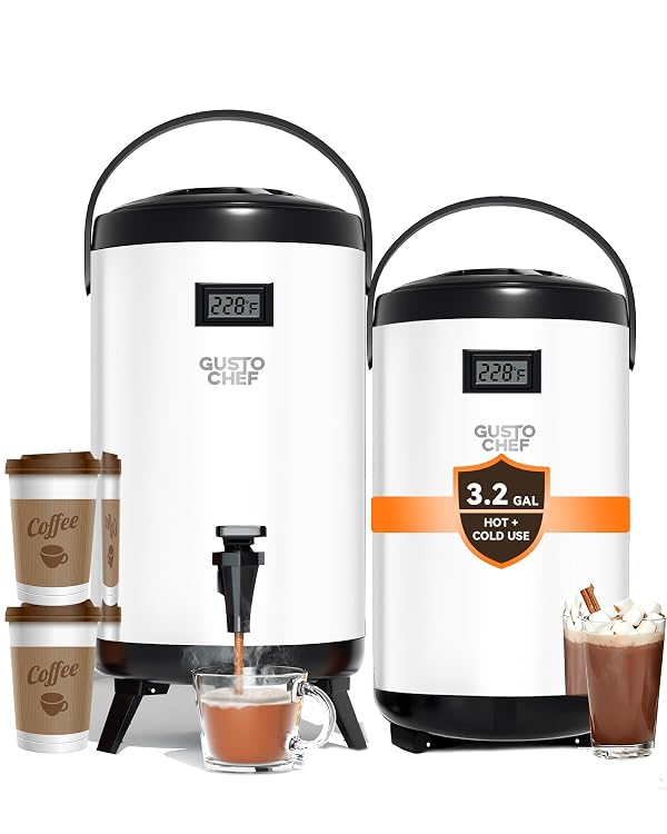 GUSTOCHEF Insulated Beverage Dispenser 3 Gallon,Hot&Cold Drink Dispenser with Spigot,LCD Thermometer,Stainless Steel Triple-Layer Insulation,for Tea Coffee Milk Juice,Party Buffet(Silver, 2 Pack) by GUSTOCHEF - Used condition - US$116.08