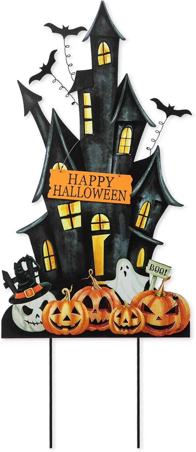 Glitzhome 32" H Halloween Metal Haunted House Yard Stake/Hanging Decor,Halloween Pumpkin Bats Ghost Garden Yard Sign for Lawn Decorations Outdoor Garden Halloween Party Decor