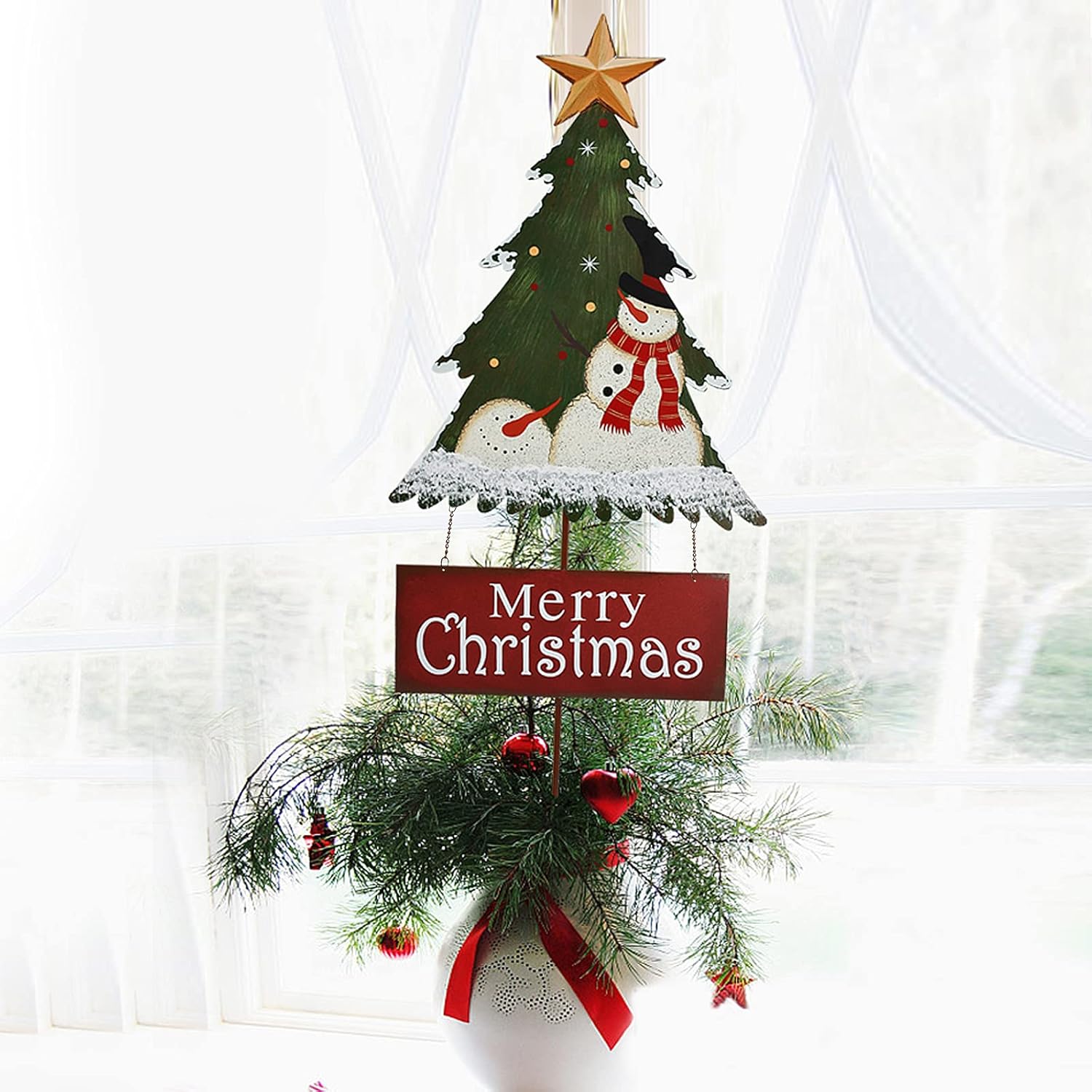 Metal Christmas Tree Decorative Garden Stake, Christmas Tree with Snowman Pattern Merry Christmas Yard Sign for Outside Lawn Porch Holiday Xmas Patio Pathway Decor