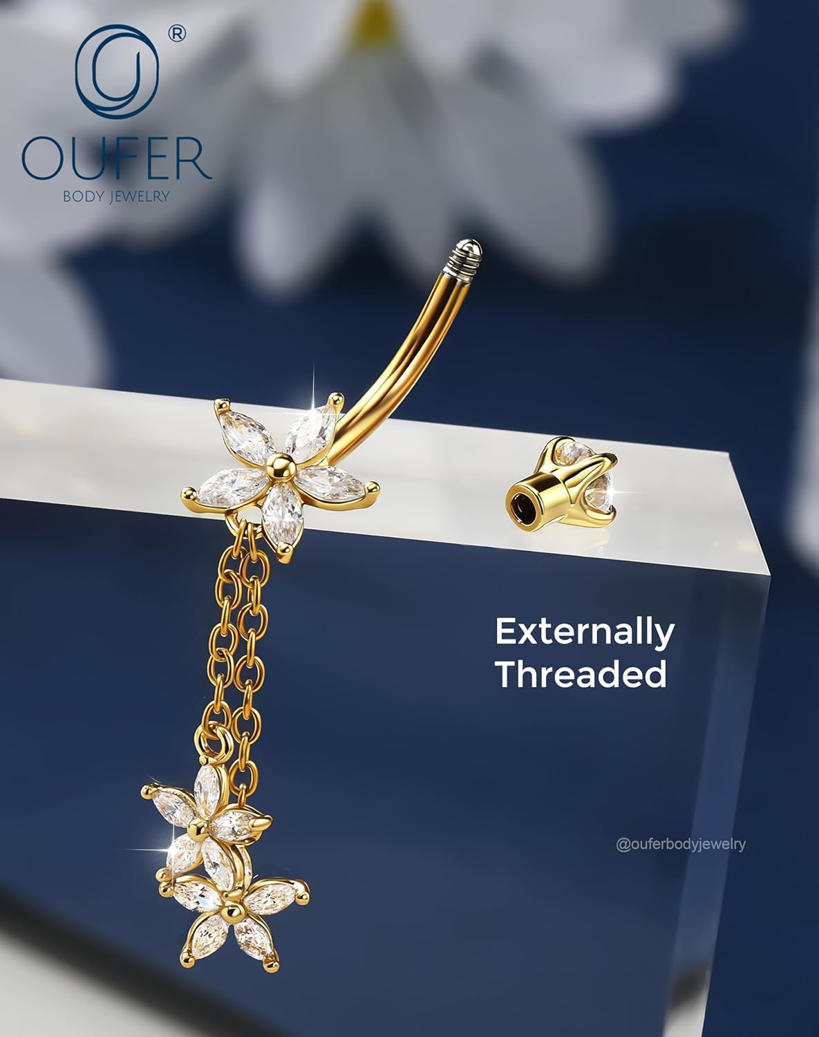 OUFER 14G Flower Dangle Belly Button Ring 316L Surgical Stainless Steel CZ Navel Ring Silver Gold Hypoallergenic Body Jewelry for Women