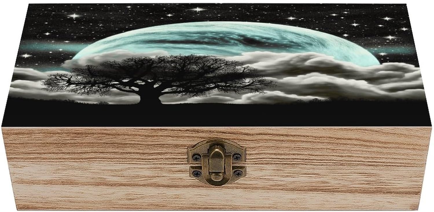 Starry Night Black Tree Art Wooden Storage Box Exquisite Crafts DIY Wood Gift Boxes Large Vintage Wood Box with Lid Wooden Jewelry Boxes Art Stash Keepsake Storage Case Jewelry Case