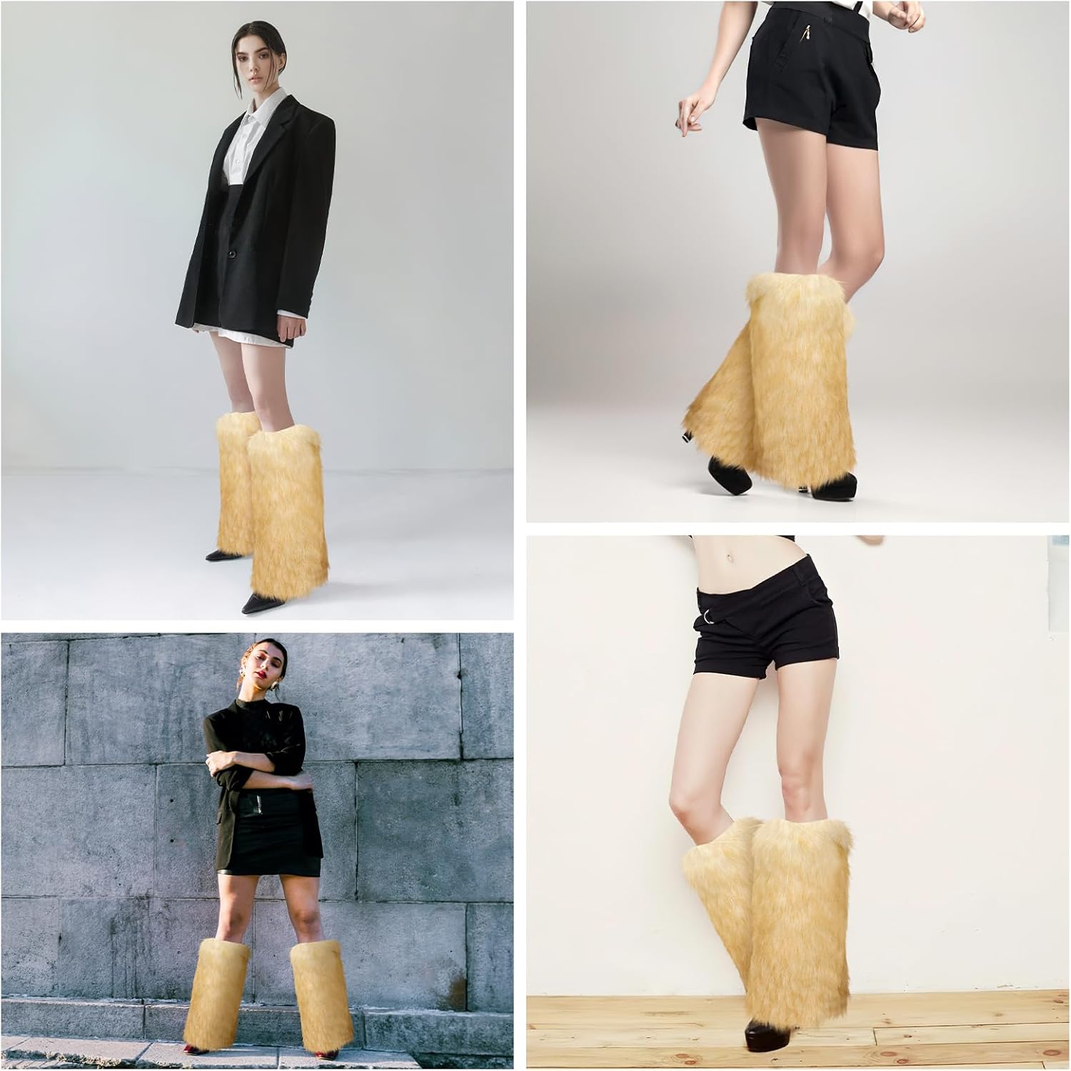 XEPST Faux Fur Fuzzy Leg Warmers Furry Boot Covers for Women, Women's Fur Leg Warmers Warm Fuzzy Boot Cuff Boot Sleeves for Party Costumes, Tie Dye Style, White + Gold - Image 6