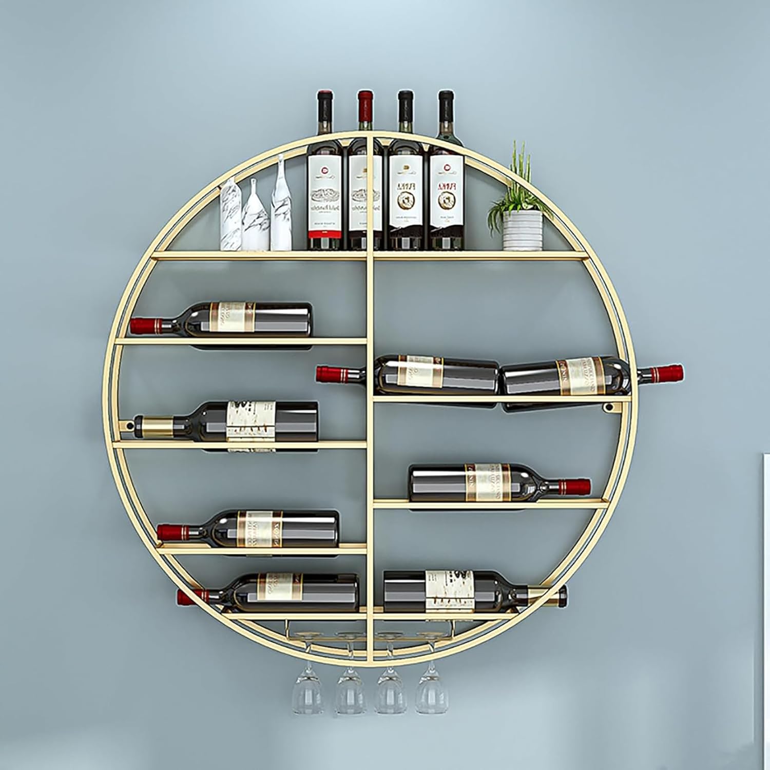 Hanging Industrial Round Wine Rack,Glod,Wall Mounted Wine Rack,Bar Unit Floating Shelves with Glass Holder,for Dining Room Home Bar Kitchen(Size:60 * 11cm)