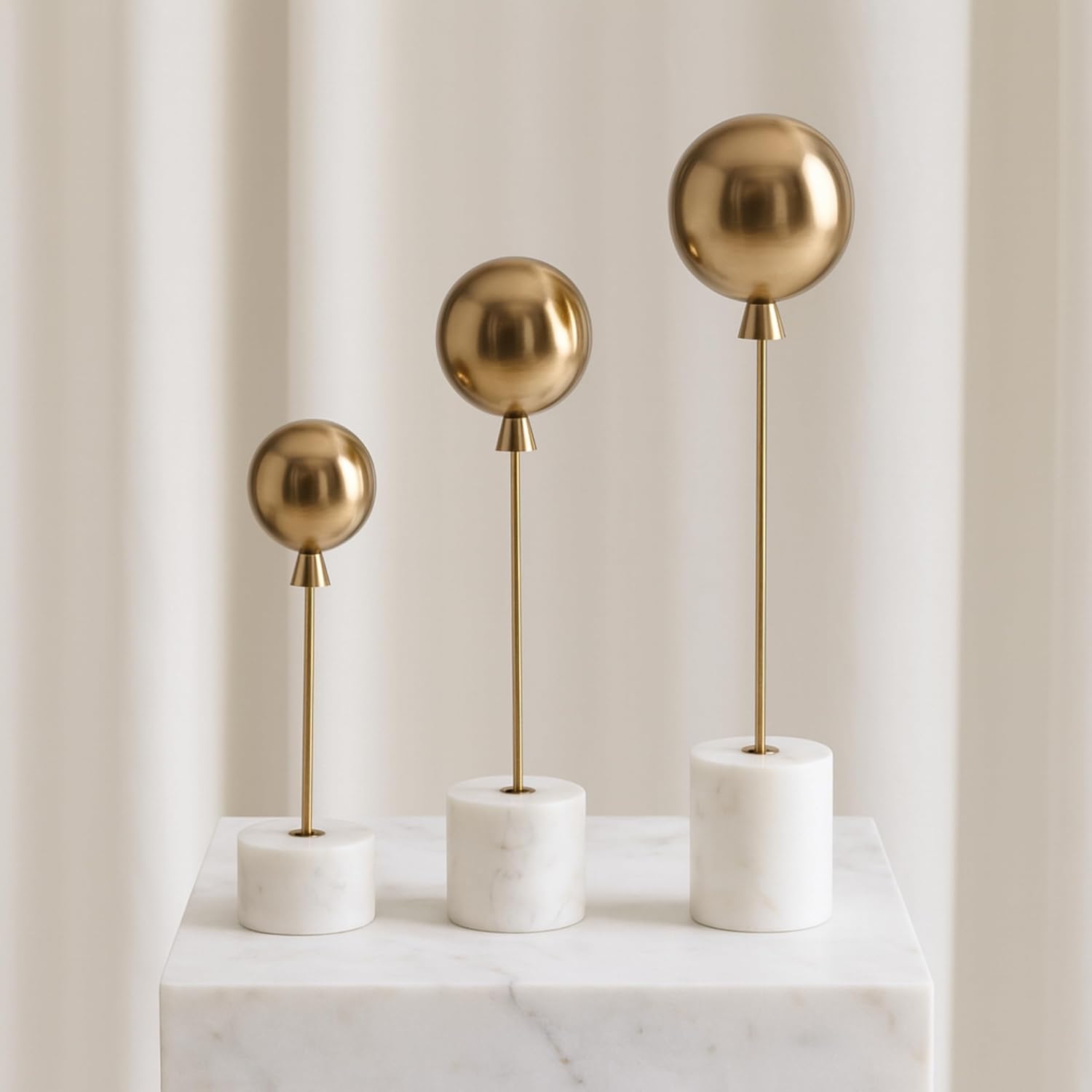 Set of 3 Abstract Orb Sculptures with Iron and Aluminum Accents - Metal & Marble Decorative Object - Modern Home Decor for Office, Bedroom & Living Room – 11", 15" & 18", Gold