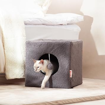 Cat Cubby for Indoor Cats, Fluffy Large Cube Cat Cave Bed, Cat House Hideaway for Multiple Cats & Small Pets, Detachable Sherpa Cover 16 Inches