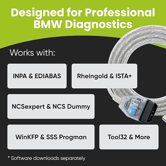 K DCAN Bimmercode USB OBD2 Cable for BMW Coding | ISTA+ INPA Rheingold OBD | Compatible with Windows | 1998-2016 E-Series