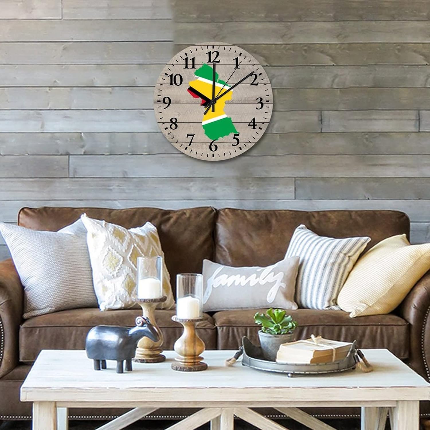 Wooden Clocks National Flag Guyana Outline Kitchen Clocks Wall Silent Non-Ticking Arabic Numeral National Flag Round Clock for Dining Room Decor 15 Inch