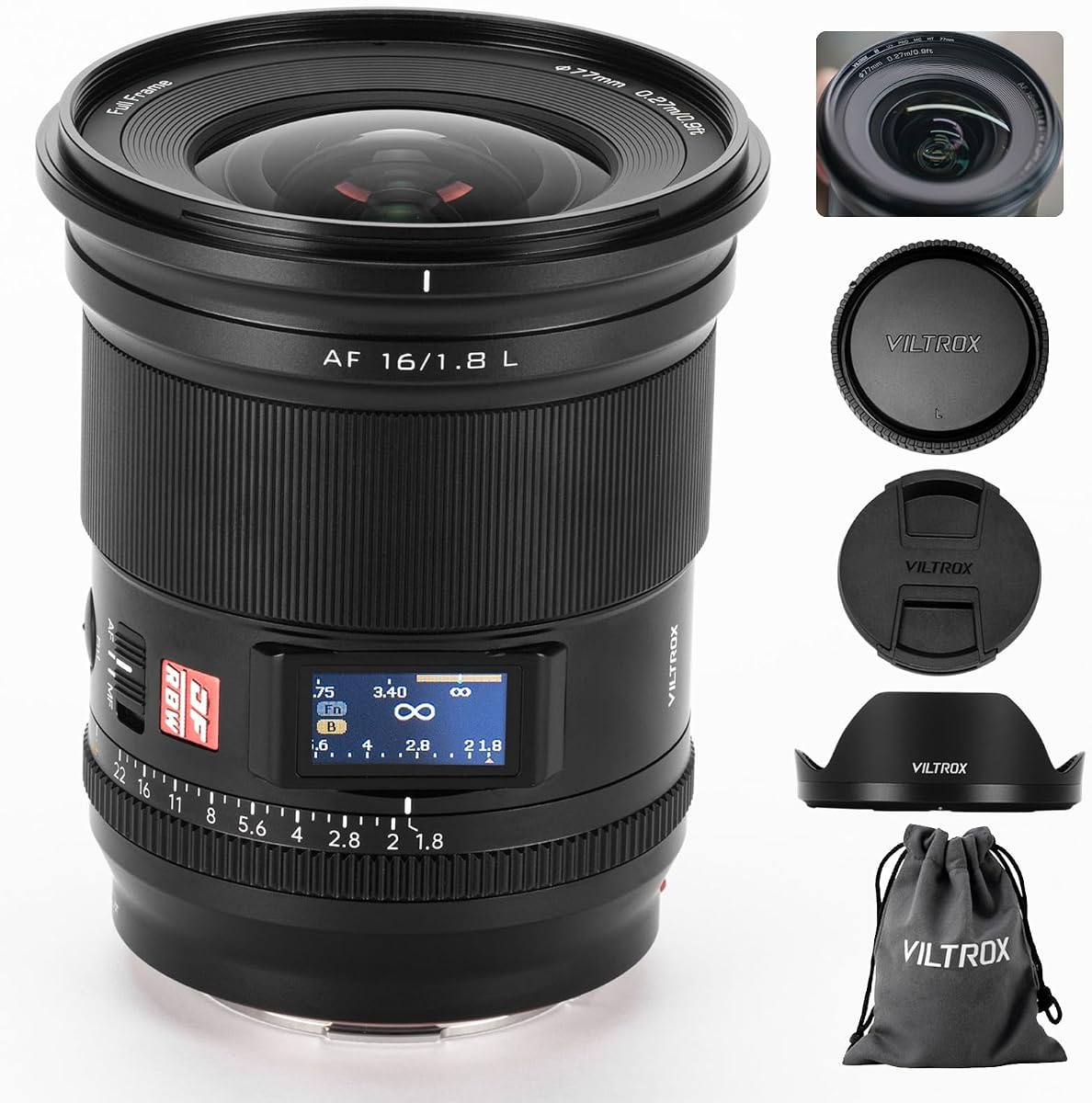 16mm F1.8 L-Mount Full Frame Lens, Large Aperture Ultra Wide Angle Auto Focus Lens Built-in LCD Screen for Panasonic LUMIX S5 II S1 S9 S1R Il, for Leica SL2, for Sigma FPL BF