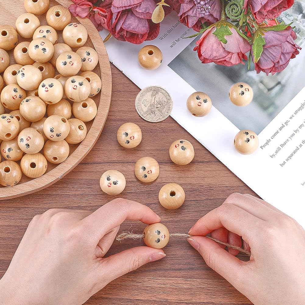 GORGECRAFT 60PCS Large Smiling Face Wood Beads 22MM Smile Face Wooden Bulk Beads Round Natural Spacer Loose Ball 4MM Hole Doll Head Beads for Christmas Farmhouse Bracelet Necklace DIY Craft Project