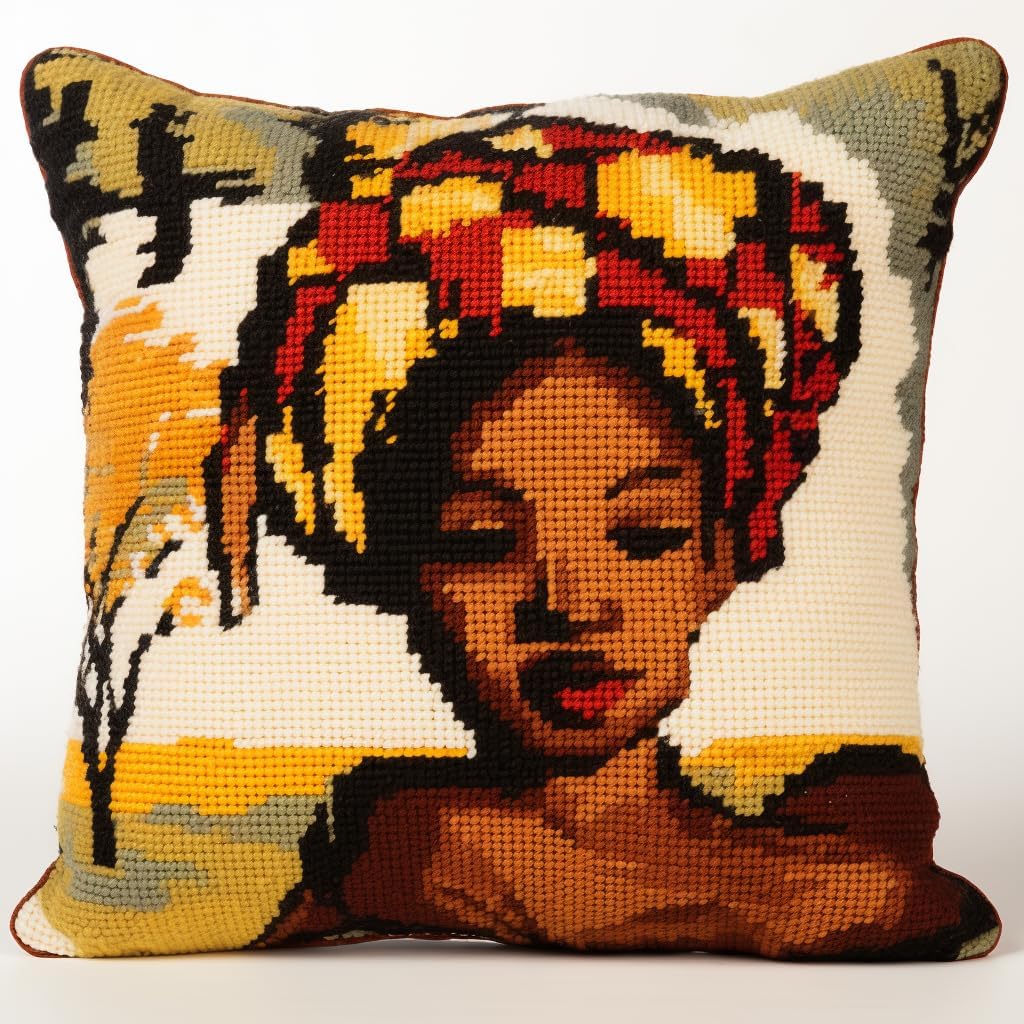 Little African Girl Latch Hook Pillow Kit for Adults Throw Pillow Cover with Printed Canvas Crochet Yarn Needle Craft Easy DIY Handmade Cushion for Sofa Decoration 43x43cm(2)