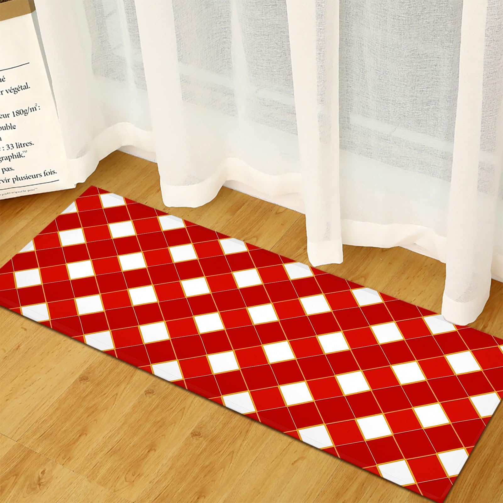 Generico Passatoia Ingresso Rombi Rossi e Bianchi, Tappeto Lungo Corridoio 60 x 120 cm - Tappeto Lavabile Tema Natalizio Antiscivolo per Camera da Letto Cucina Ingresso