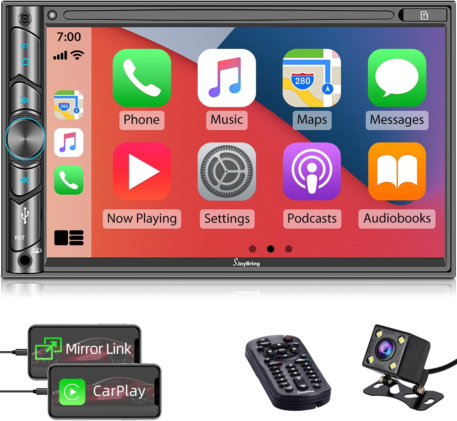 Double DIN CarPlay Multimedia Player, 7" HD Capacitive Touchscreen, Car Stereo with Backup Camera, Bluetooth, 16-Band EQ, Steering Wheel Controls, Mirror-Link, USB/SD Port, AM/FM Car Radio Receiver