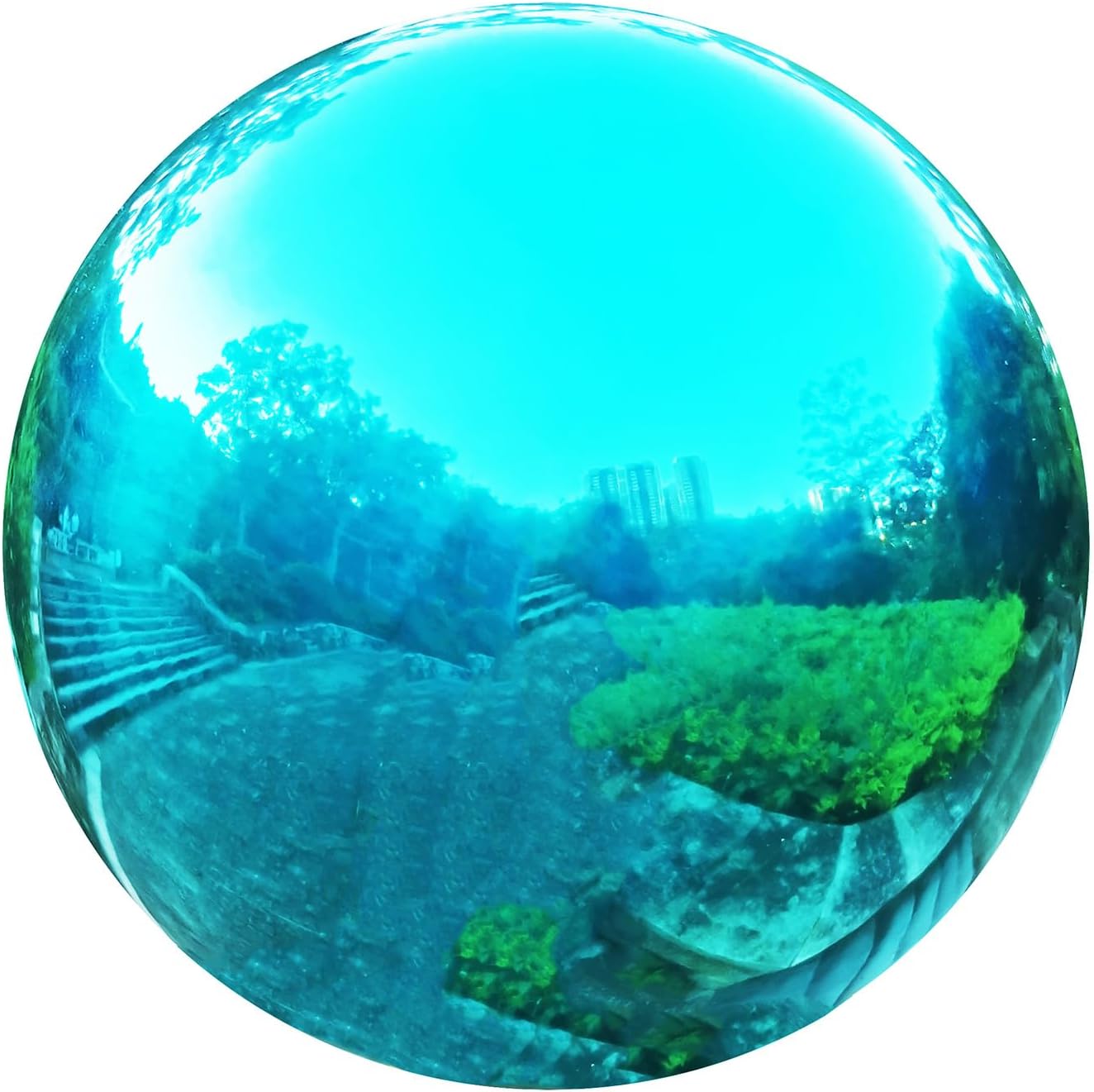 Cyan Blue Gazing Globe Mirror Ball in Stainless Steel, Shiny Hollow Sphere Sparkling Housewarming Outdoor Party Ornament (Cyan Blue, 8 inches)