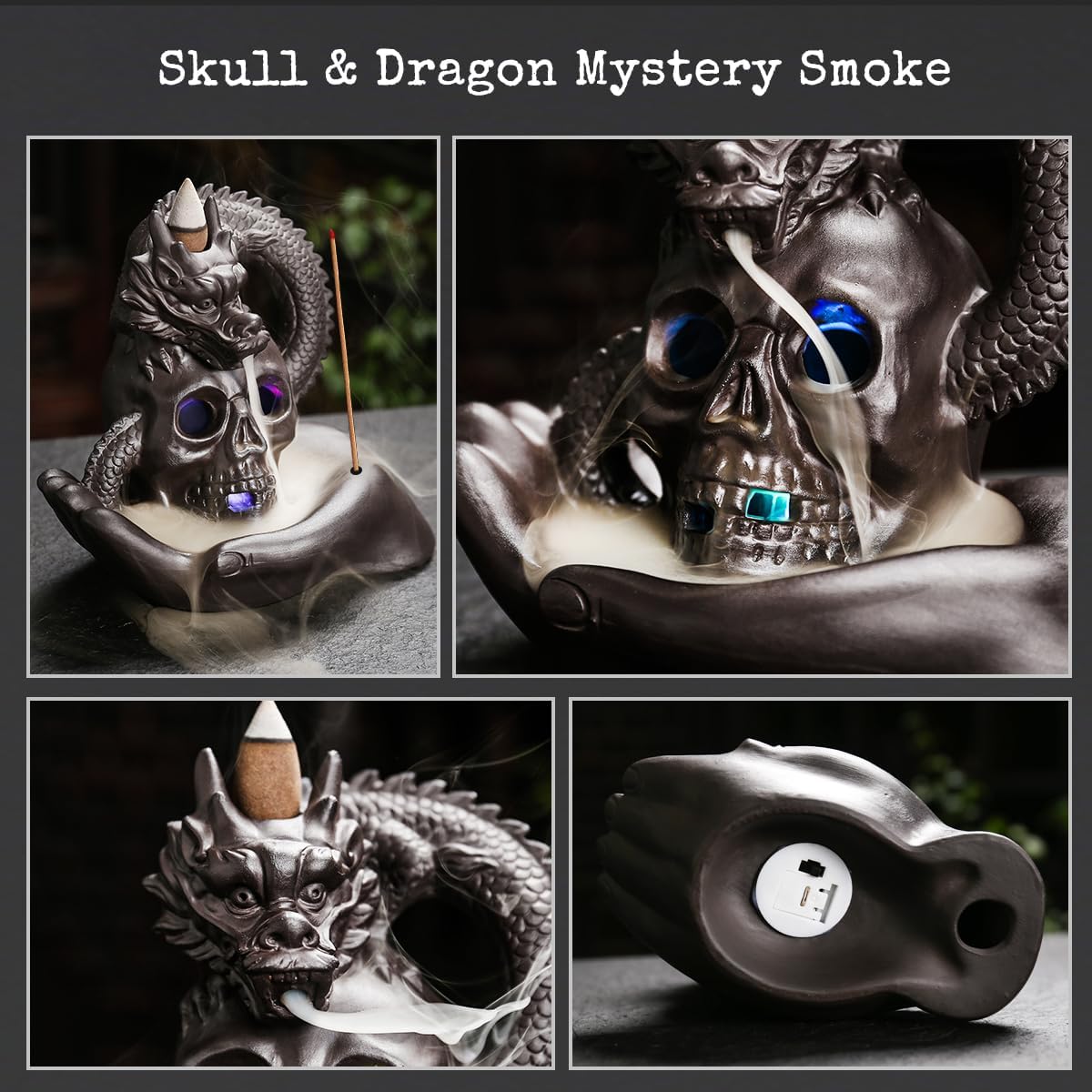 Skull Dragon Incense Burner Holder - Backflow Waterfall Cone Incense Holder, LED Ceramic Unique Skeleton Incense Burner with 15 Incense Cones for Halloween/Aromatherapy/Yoga/Home/Office Deco