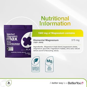 BetterYou Magnesium Max 3 in 1 Nighttime Drink Powder - Glycinate, Citrate, and Malate Blend - Vegan - Lemon and Lime - 4.76 oz