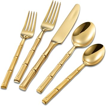Gold Silverware Set Bamboo Pattern Handle 40-Piece Service for 8 | Flatware Set Stainless Steel, Mirror Finished Cutlery Set, Home Kitchen Hotel Housewarming Wedding Gift, Dishwasher Safe
