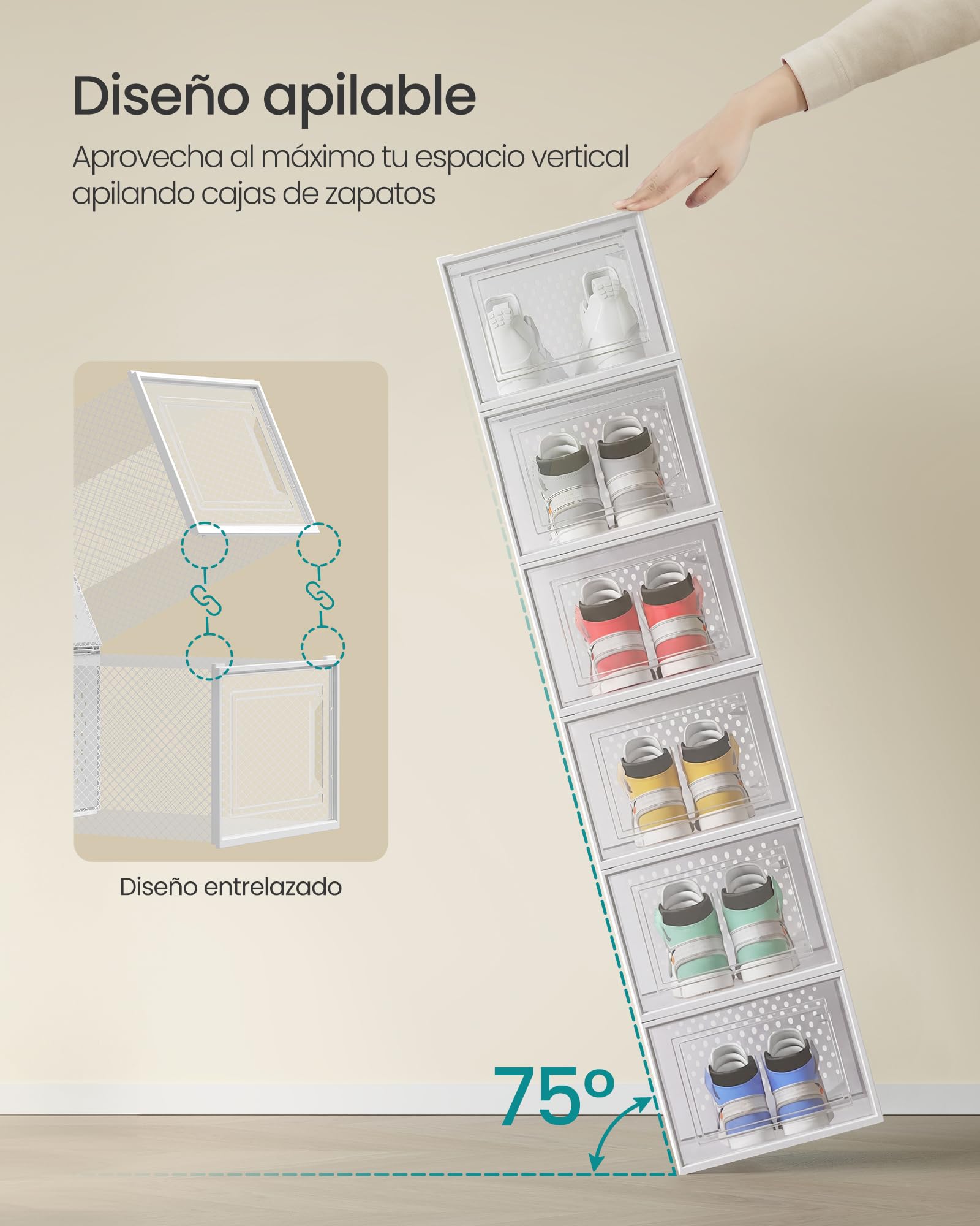 SONGMICS Cajas de Zapatos, Organizador de Zapatos de Plástico, Plegable y Apilable, para Zapatos de hasta Talla 47, Juego de 12, Transparente y Blanco Nube LSP12MWT