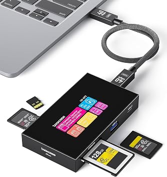 DOCKCASE Smart 8-in-1 CFexpress Type B/Type A Card Reader with Touch Screen | UHS-II SD/microSD Slots, 4K HDMI, USB-C & USB-A 3.2 Gen 2 10Gbps, 100W PD for Filmmakers, Photographers & Creators