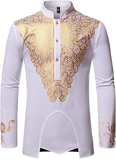 Men's African Luxury Gold Printed Dress Shirt Mandarin Collar Long Sleeve Dashiki Top