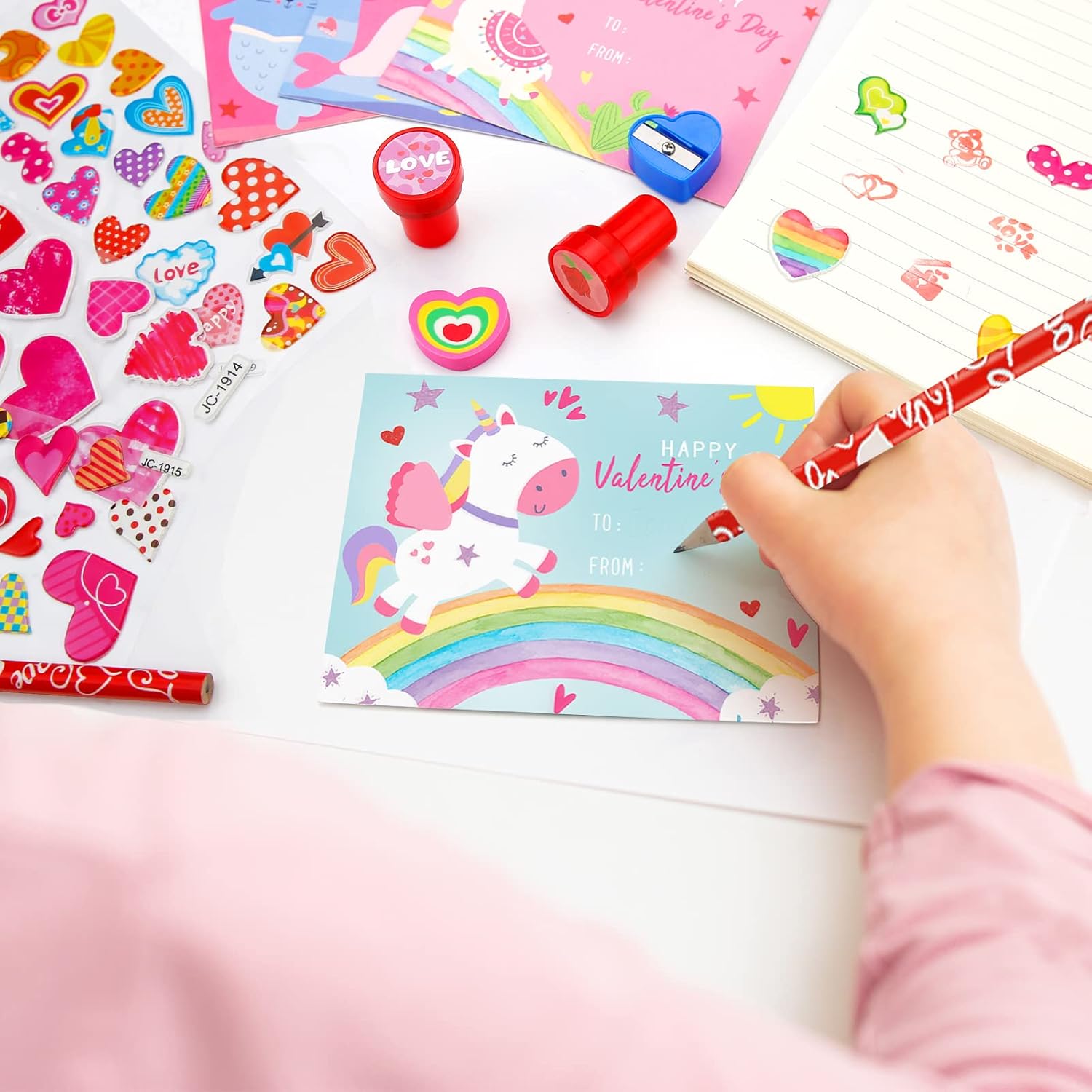 Valentines Day Gifts for Kids 24 Pack Valentines Day Stationery Gift with  Cards Pencils Stickers Erasers Stampers Sharpener Cups Classroom Prize