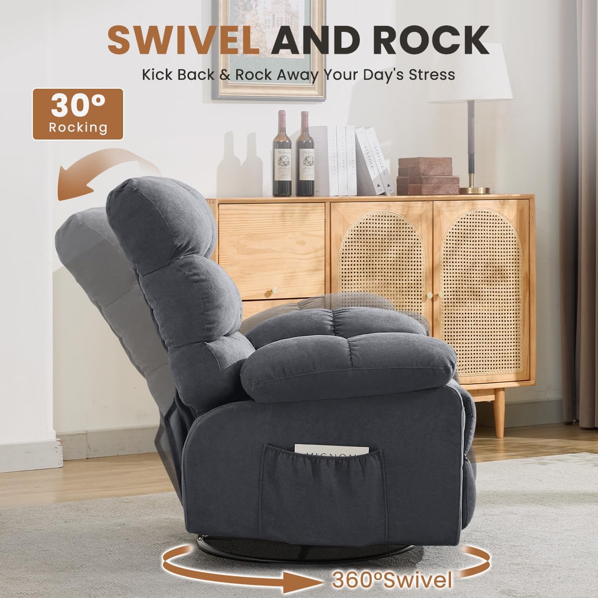 Swivel Rocker Recliner Chair for Adults, 360° Upholstered Manual Recliners for Small Spaces, Single Seat Glider Reclining Chair with Side Pockets, Ergonomic Reading Chair for Living Room, RV, Bedroom