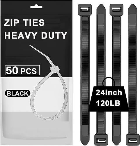 120lb Heavy Duty Zip Ties 24 inch,WLEAD 50PCS Cable Ties Strong Tensile Strength,Outdoor UV Resistant,Self-locking Industrial Premium Cable Tie Assorted Size (Black,24 inch x 0.3 inch)