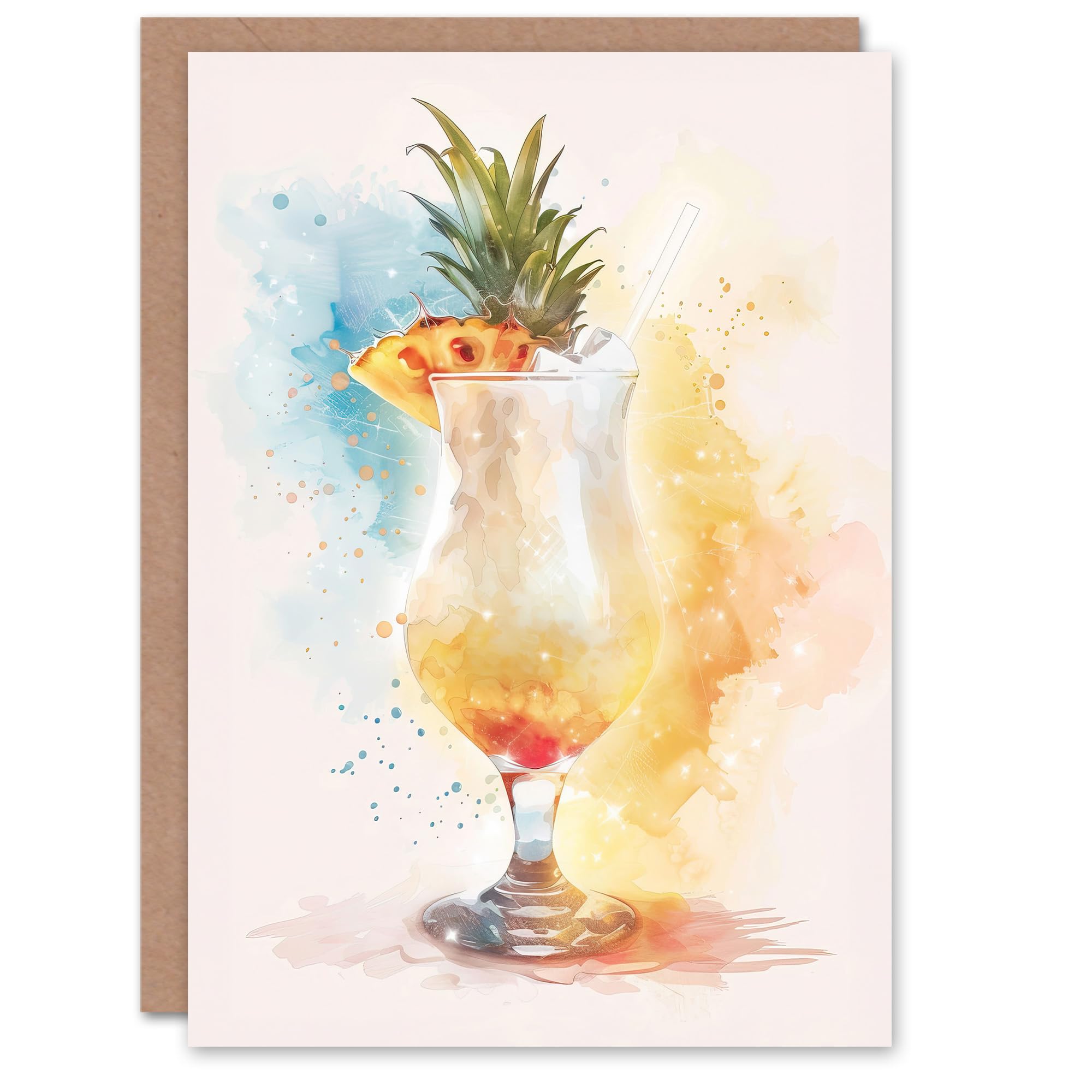 Artery8 Greeting Card Pina Colada Pineapple Slice Cocktail Watercolour Blank For All Him Or Her Art Birthday Card