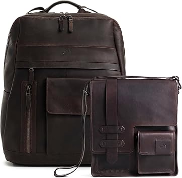 VELEZ حقيبة ظهر جلدية من الجلد باللون البني الداكن كاجوال Daypack + حقيبة رسول صغيرة للرجال