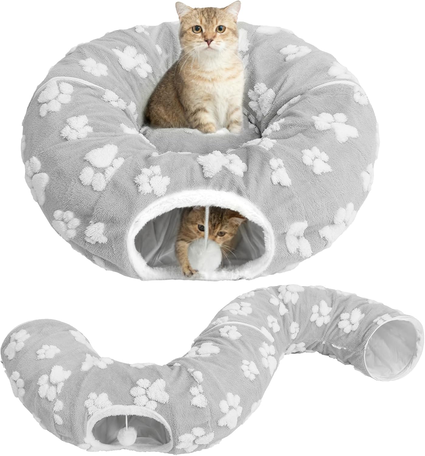 Cat Tunnel Bed for Indoor Cats- Cute Cat Dount Play Tunnel, Soft Plush Peekaboo Kitten Cave with Washable Cushion, Collapsible Multifunctional Round Pet Playground Toys for Kitty Small Puppy Rabbit