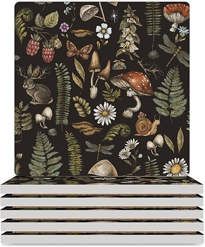 Miniatura 62 de Posavasos botánicos, posavasos redondos de cerámica redondos, 4 unidades, diseño de plantas vintage, diseño botánico de dibujos animados, hongos